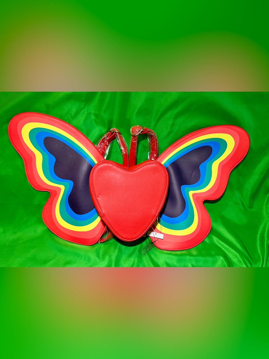Red Heart-Shaped Women's Backpack With Stylish Rainbow Wings! Rare!! *Read:Dents